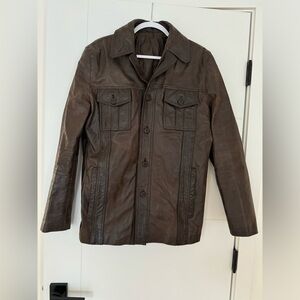 ZARA MAN Brown Hooded Leather Buttons Jacket Coat Sz.Large Motorcycle Biker